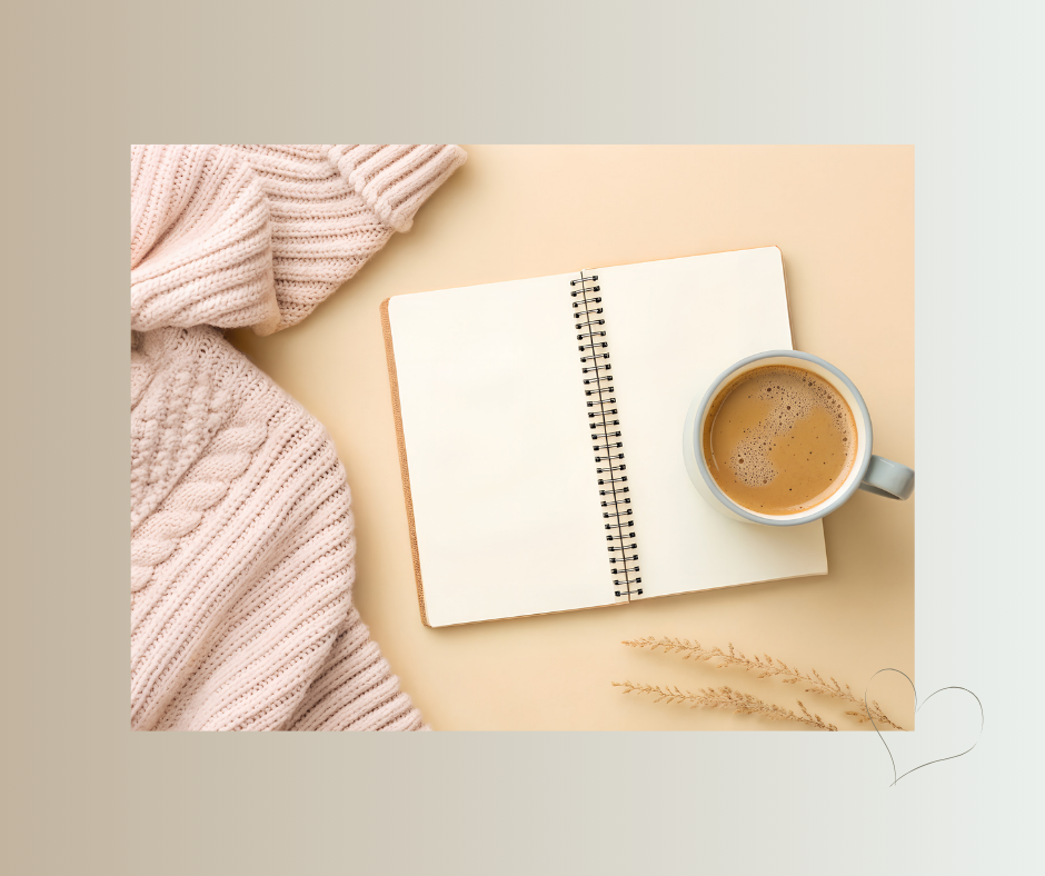 Ein geöffnetes Notizbuch mit Kaffee und einem weichen Pullover auf hellem Untergrund.