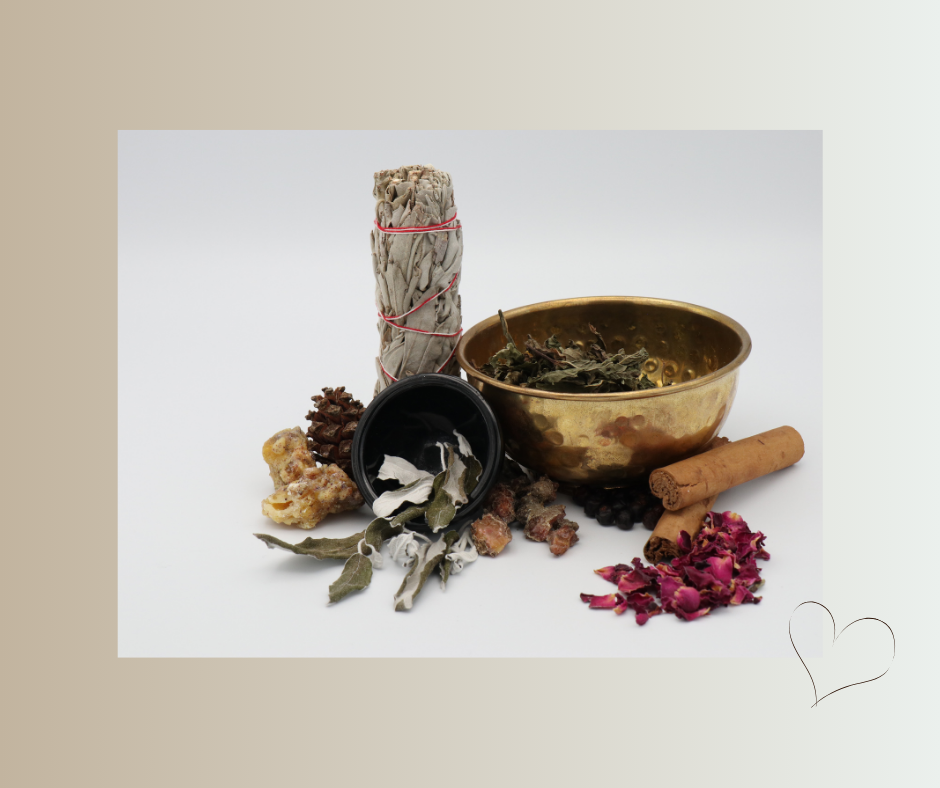 Heilkräuter, Klangschale und Naturmaterialien – symbolisch für persönliche Rituale der Selbstfürsorge.